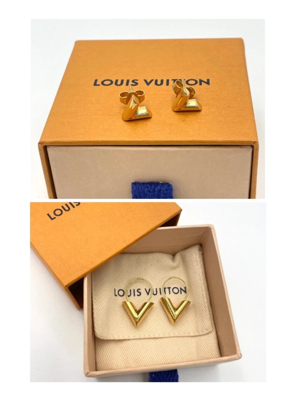 Authentic Louis Vuitton 2 PAIRS Essential V Gold Tone Hoop Earrings LV Logo - Picture 3 of 16